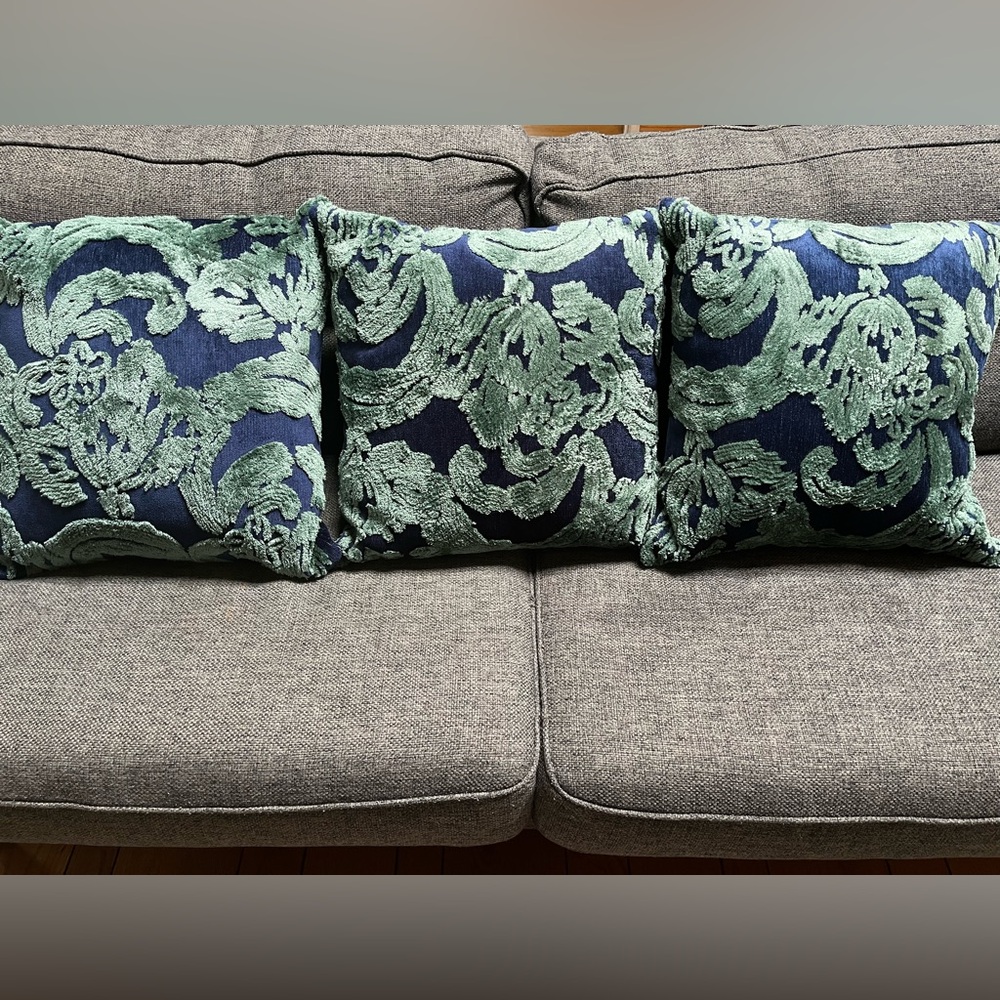Pottery Barn Chenille Pillow Covers , Blue Velvet with Teal Chenille Design (3)